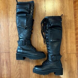 Current Mood Dolls Kill Black Knee High Pocket Combat Boots